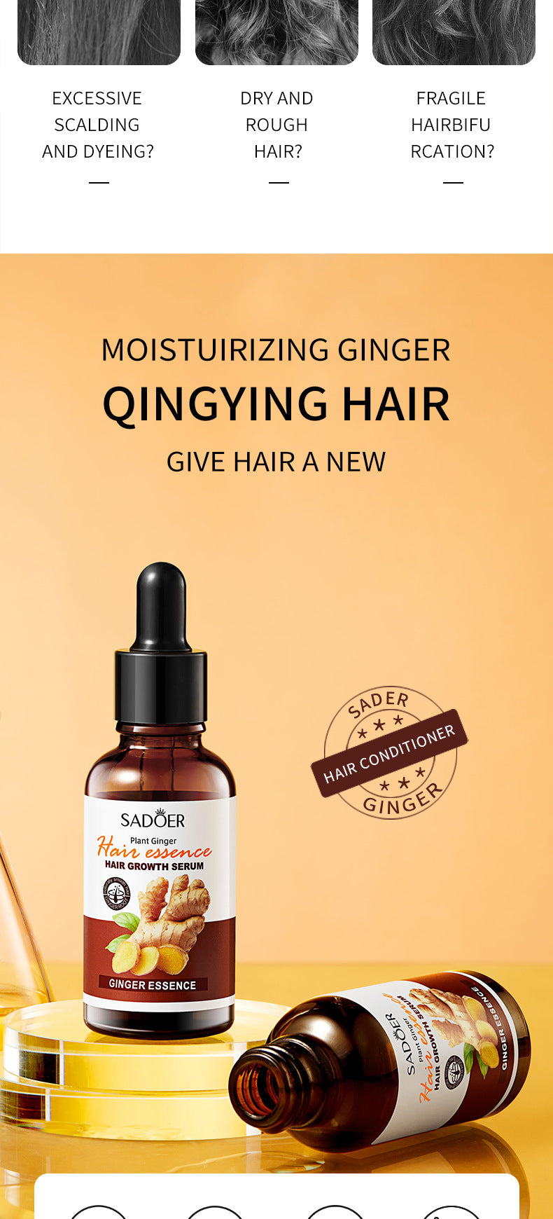 Full English Ginger Hair Treatment Solution30ml SADOER Moisturizing and Hydrating Hair Care  Foreign Trade Live Wholesale