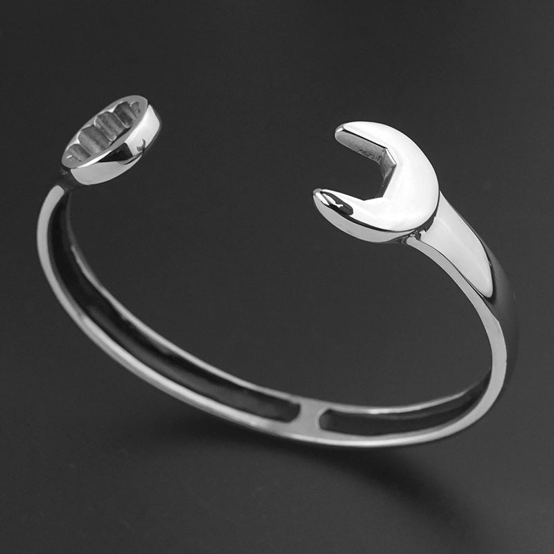 New Titanium Steel Fashion Personality Trendy Cool Men's Open Stainless Steel Wrench Bracelet Factory Wholesale
