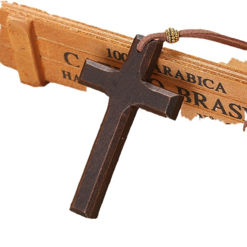 European and American Cross Sweater Chain Couple Long Necklace Gift Velvet Rope Pendant Vintage Wooden Cross Necklace