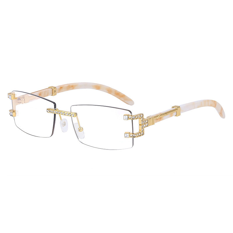 Imitation Wood Grain Leg Retro Sunglasses for Men Fashion Trend Diamond-Studded Rimless Sunglasses Men's Sun Protection Square Frame Glasses Street Style