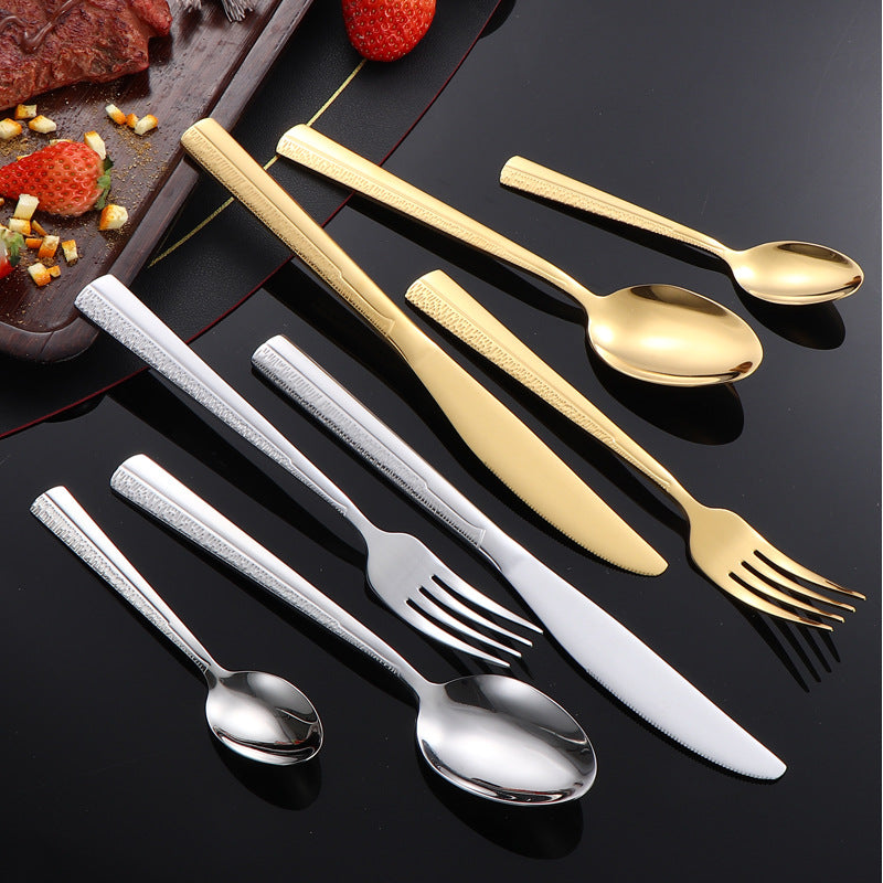 410Stainless Steel Tableware Hotel Restaurant Sand Texture Knife Fork Spoon Tea Spoon24Set of gold Western Steak Knives and Forks