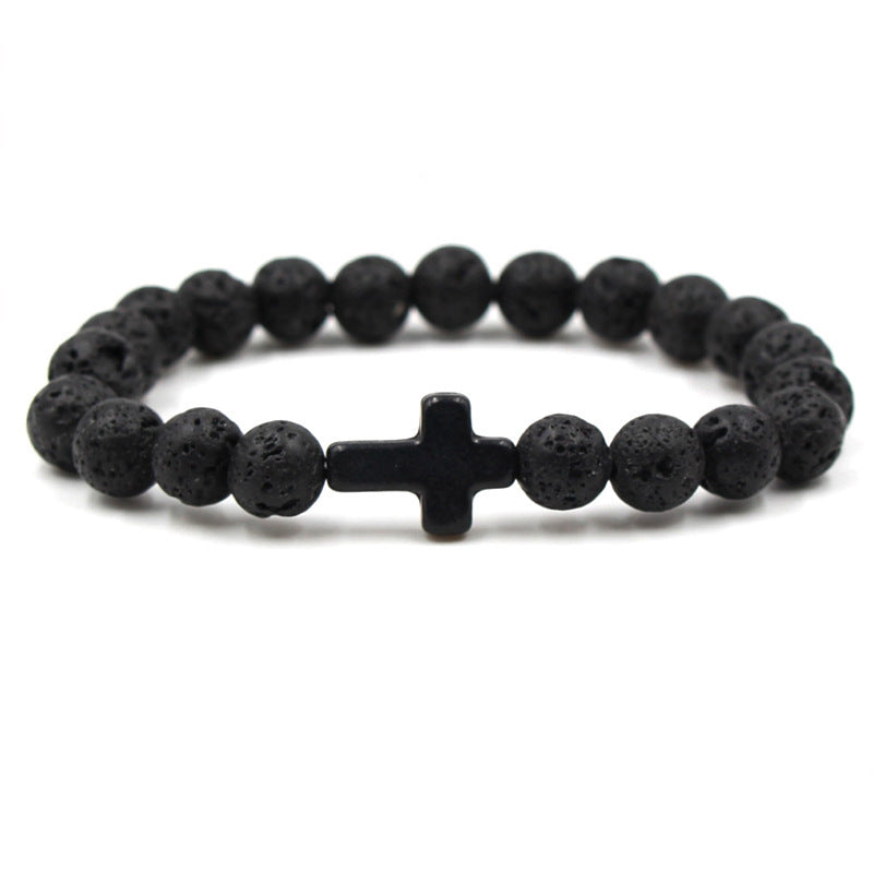 Easter Cross Bracelet Men's Personalized Gift Turquoise Bracelet8mm Beaded Volcanic Stone Cross Bracelet