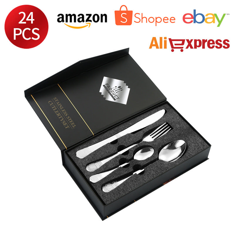 Stainless Steel Tableware Hotel Restaurant Crown Knife Fork Spoon Set Western Steak Knife Fork24Set