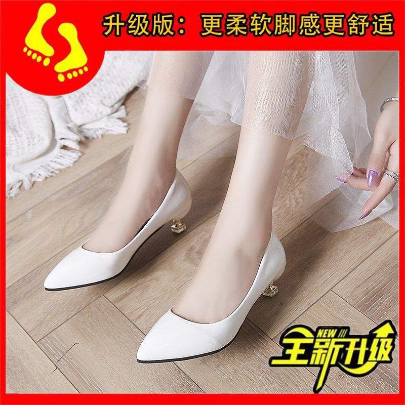 Low Heel High Heel Shoes Shiny Leather Cat Heel Shoes for Women3cm Stiletto Low Heel Korean Style Elegant Pointed Toe Small Heel Single Shoes Work Shoes