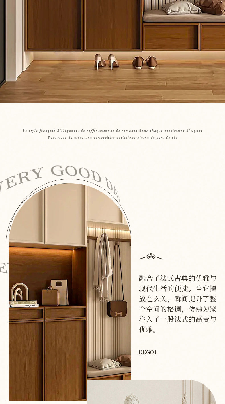 Meikexin French Style Solid Wood Entryway Shoe Rack and Coat Rack with Shoe Changing Stool, Multi-Functional Integrated Wall-Mounted Whole House Customization System