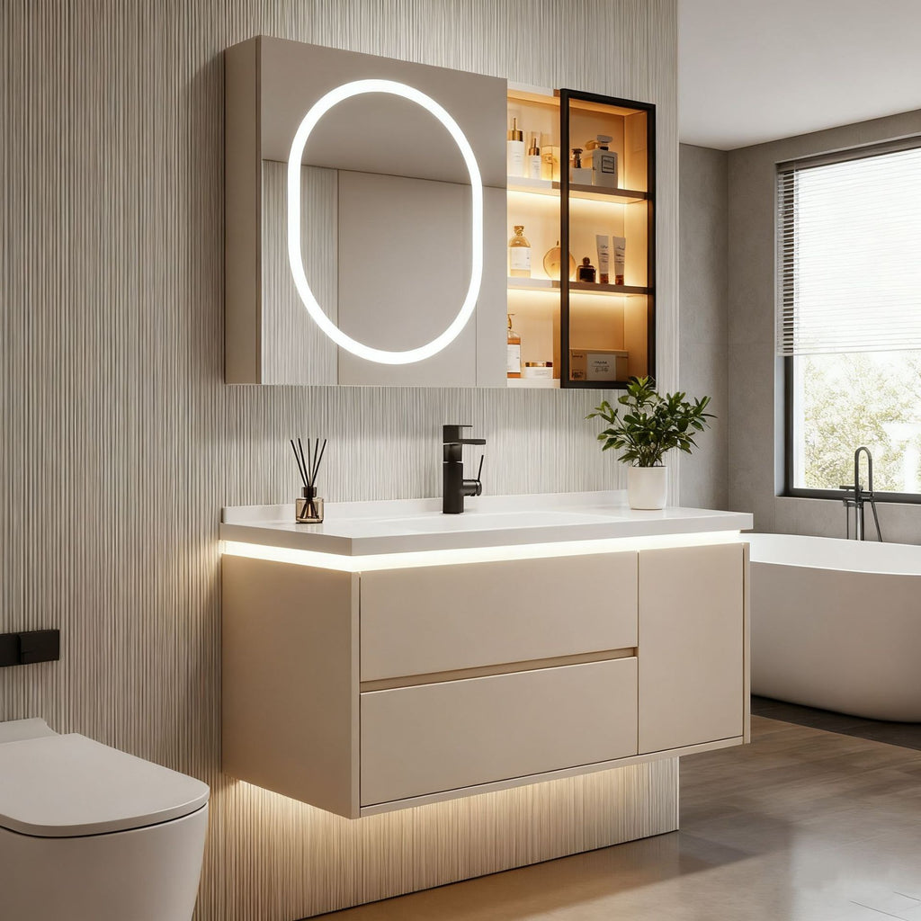 Custom Aluminum Alloy Bathroom Cabinet with Ceramic Integrated Wash Basin Combination, Cream Style