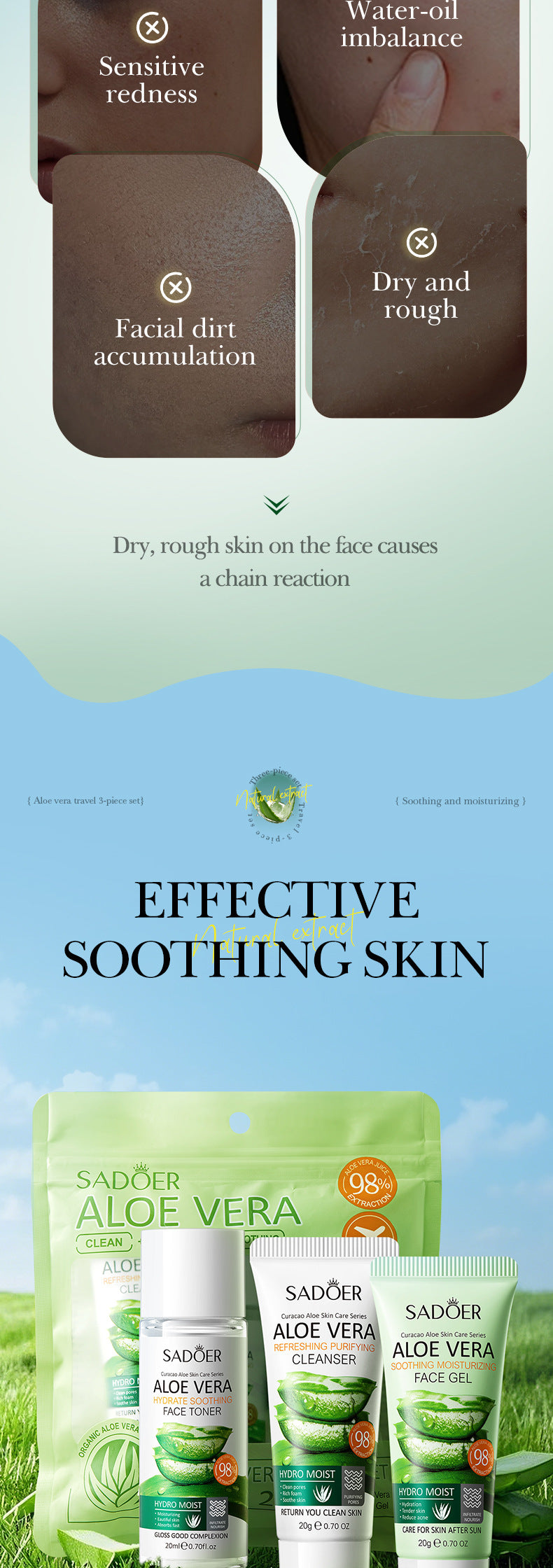 Full English Aloe Vera Travel Three-Piece Set SADOER Aloe Vera Gel Toner Facial Cleanser  Wholesale