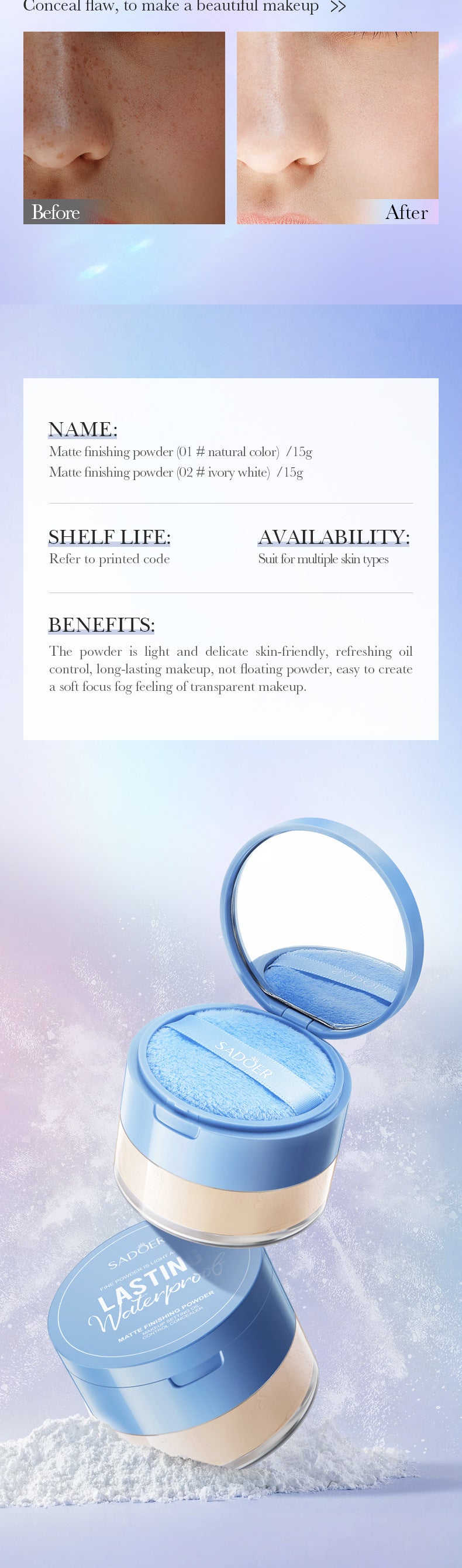 Matte Concealer Powder15g SADOER Contouring and Setting Powder for Makeup Wholesale Cross-Border Trade