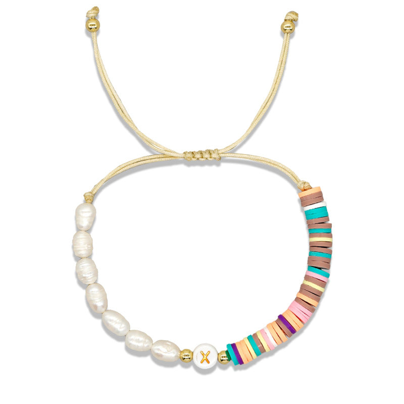 Imitation pearl26Letter Bracelet Bohemian Casual Vacation Bracelet Gold Beads Stretchable Soft Clay Woven Bracelet