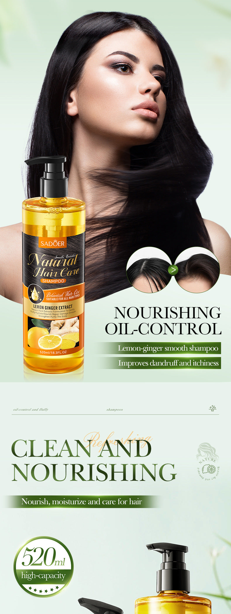 Lemon Ginger Shampoo520ml SADOER Smooth Nourishing Cleansing Shampoo Cross-Border Wholesale