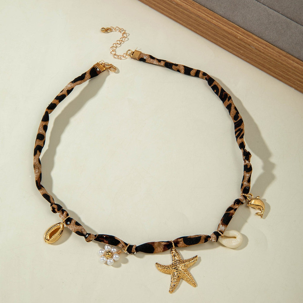 European and American Style Ocean-themed Cross Conch Starfish Pendant Leopard Print Exaggerated Necklace Collarbone Chain Jewelry