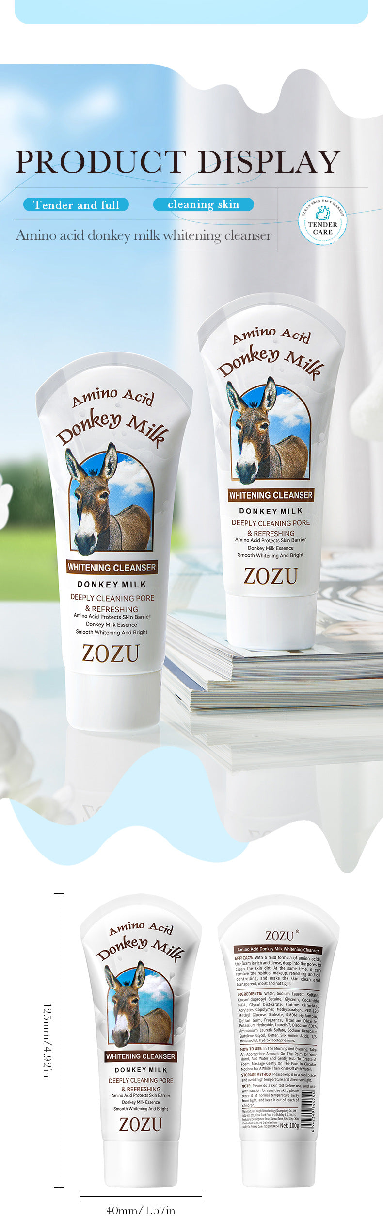 Donkey Milk Facial Cleanser ZOZU Amino Acid Cleansing Non-irritating Facial Cleanser Cross-Border Foreign Trade Wholesale