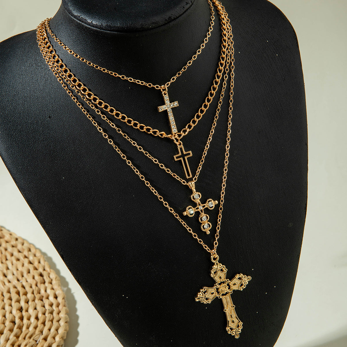 European and American Retro Hollow Diamond Cross Pendant Necklace Gothic Style Black Layered Wear Y Type Necklace