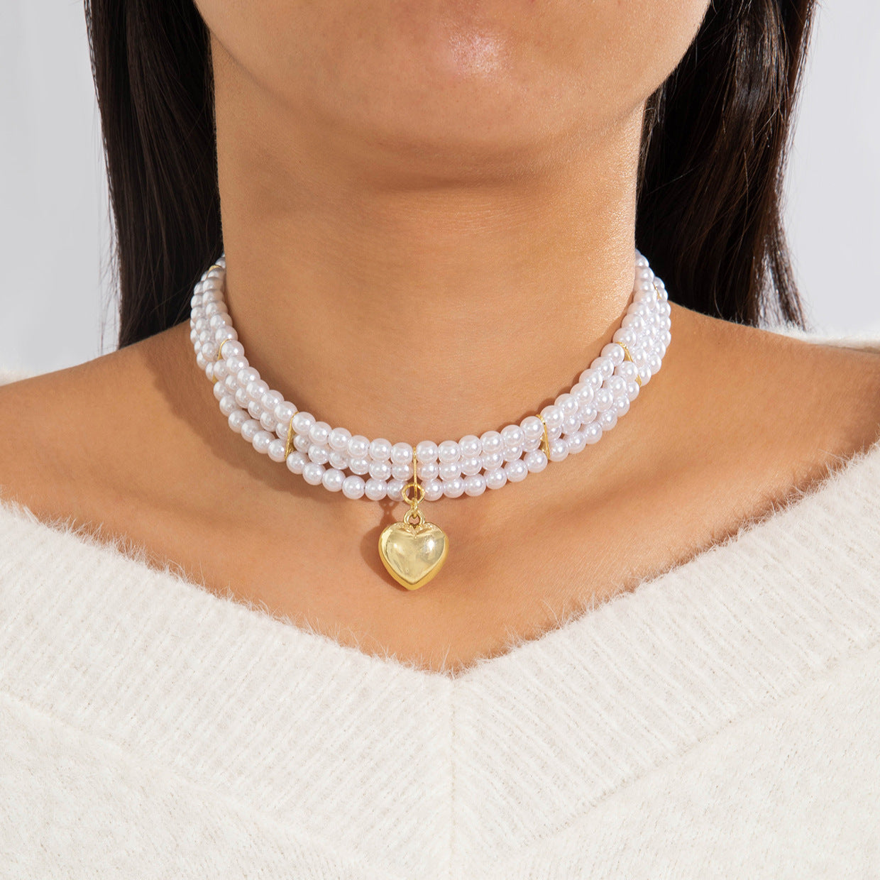 Ornament Layered Wear CCB Peach Heart Necklace Wholesale Baroque Metal Pendant Pearl Necklace