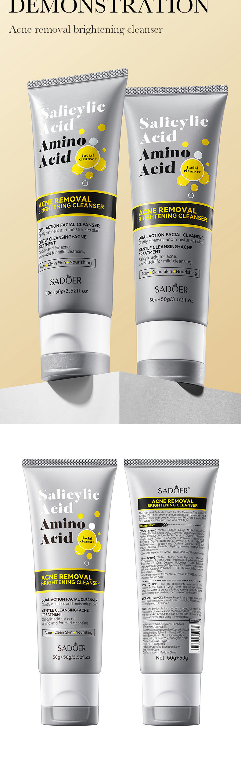 Facial Cleanser SADOER Salicylic Acid Amino Acid Double Effect Cleansing Cleanser Cross-Border Foreign Trade Wholesale