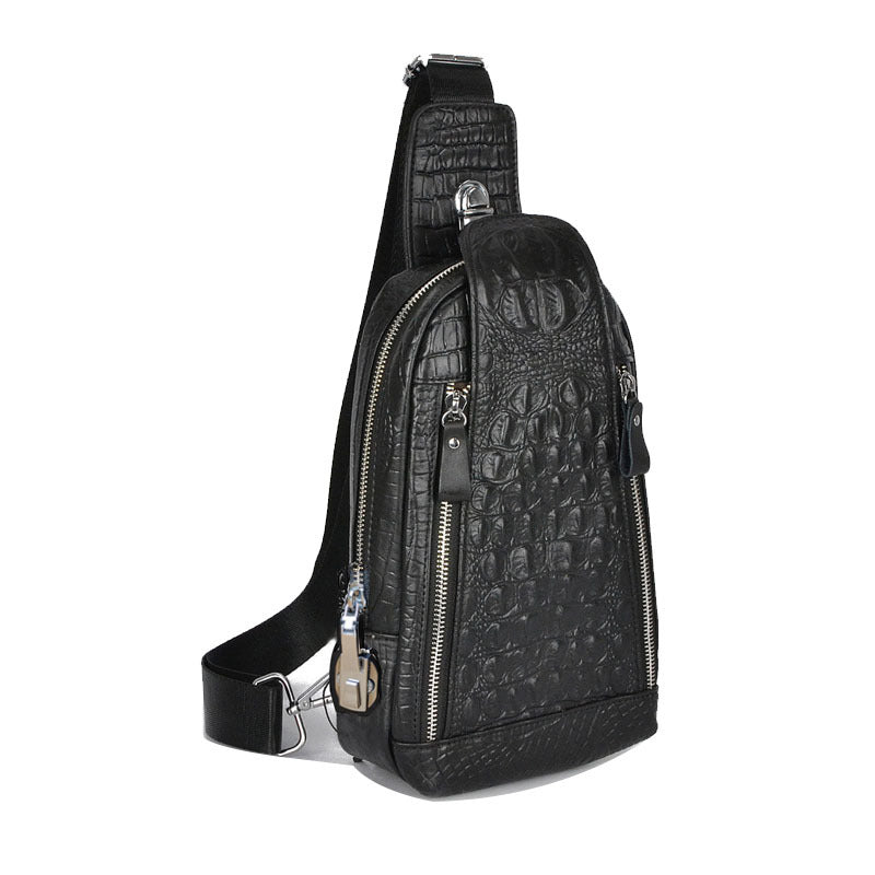 Men's Genuine Leather Chest Bag Multi-Functional Password Lock Cycling Crossbody Bag Backpack Crocodile Pattern Top Layer Cowhide Men's Bag Durable