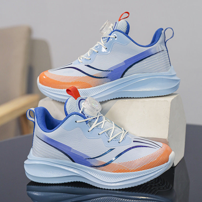 Red Rabbit Rotating Button Children's Shoes Leather Surface Waterproof Middle and Large Children Student Running Shoes Shock Absorption Lightweight Sports Shoes Comfortable