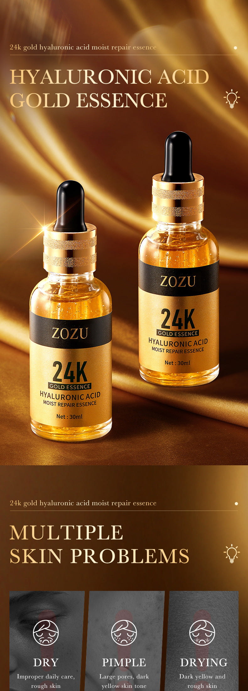 Full English24K Gold Essence ZOZU Hyaluronic acid moisturizing and hydrating skincare wholesale for  trade