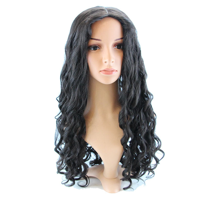 wig Hairband Head Cover Wig Natural Black Synthetic Fiber Forehead Hand Hook Export Long Curly Hair Middle Part Middle Part Long Curly