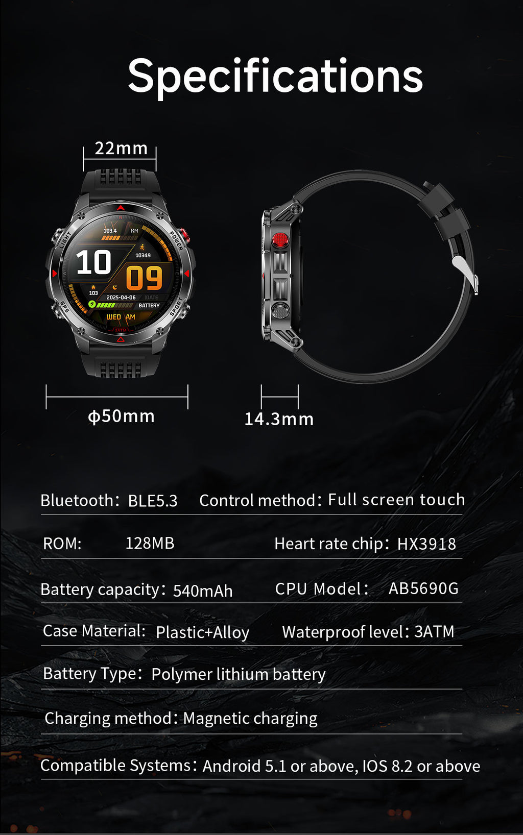 HT37Smart Watch1.46inch Bluetooth Call Heart Rate Pedometer GPS Beidou Positioning Three-Proof Sports Track