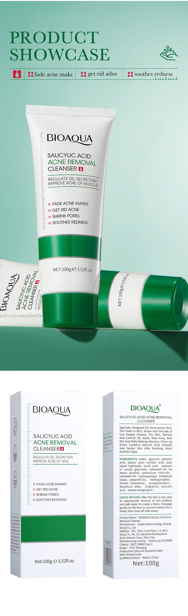 Salicylic Acid Facial Cleanser100g BIOAOUA Deep Cleansing Moisturizing Facial Cleanser  Wholesale