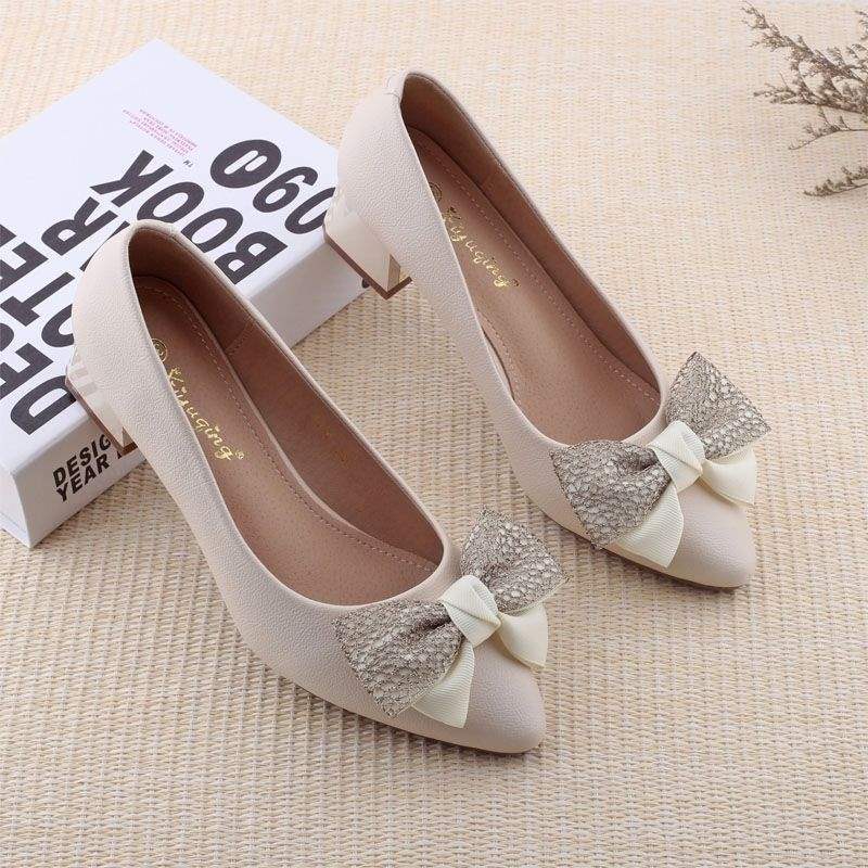 2025Spring Korean Style New Shallow Mouth Chunky Heel Youth French High Heels Fashionable Bowknot Elegant Single Shoes