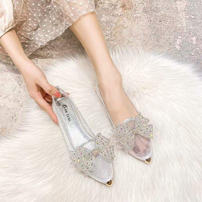 Women's Summer Mesh Single Shoes2025New Rhinestone Bow Gentle Style Lady Shoes Flat Breathable Mesh Shoes Pointed Toe