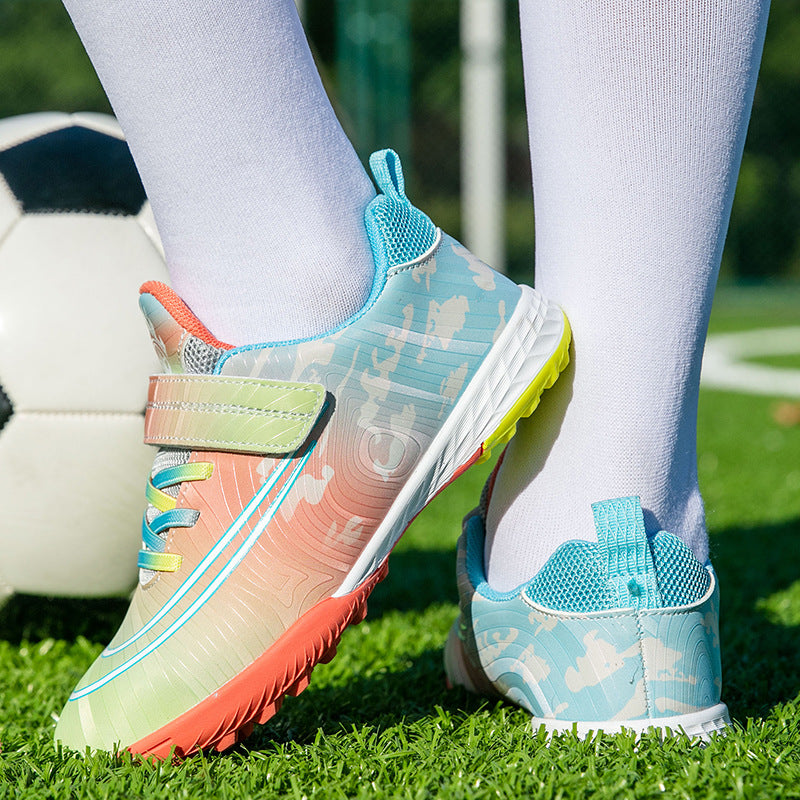 New Football Shoes for Men, Women, and Children, Imitation Leather Low-Top Anti-Collision Spike Magic Tape Grass Training Sports Shoes