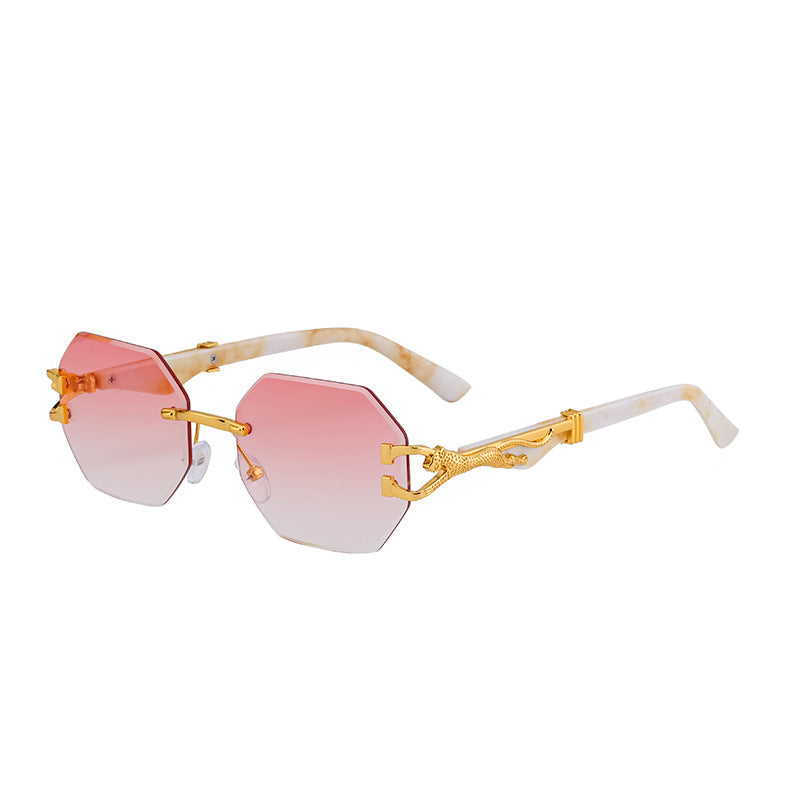 New European and American Retro Frameless Sunglasses for Men with Imitation Wood Grain Temples Wholesale Glasses shades