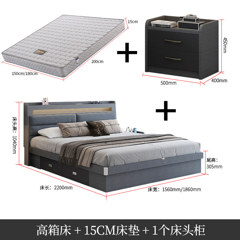 Factory Custom Tech Fabric Bed1.8Gray High Box Storage Bed for Bedroom Double Bed, No Paint Needed, Storage Artifact