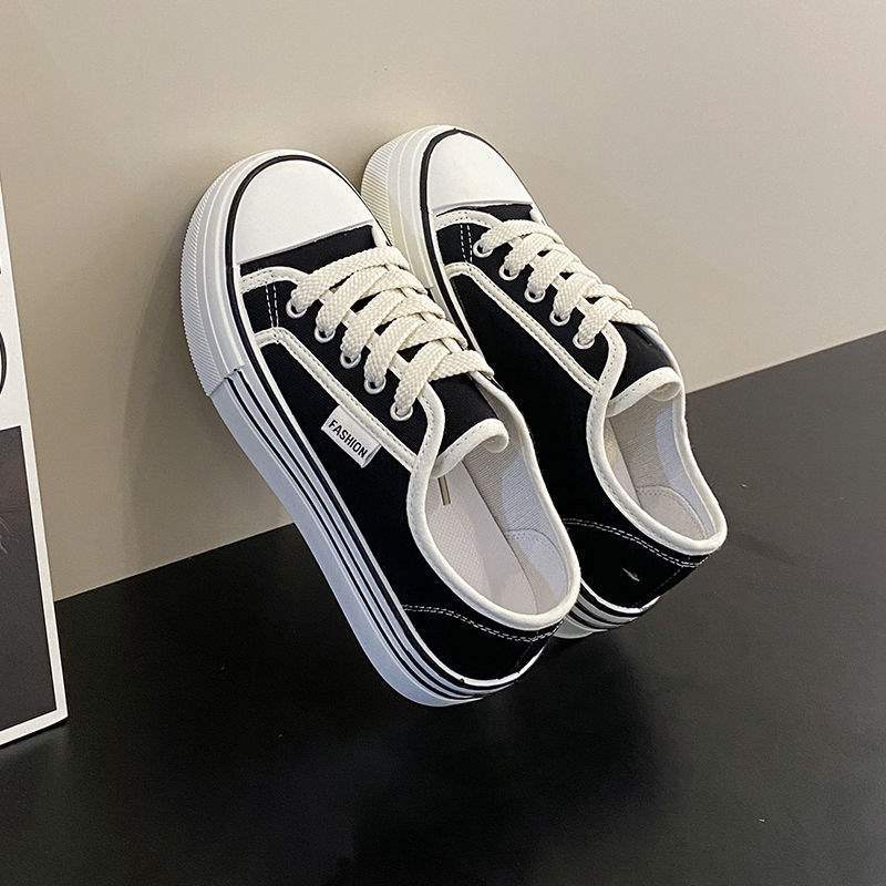 Internet Celebrity Thick-Soled Biscuit Canvas Shoes for Women2025New Spring and Autumn Versatile Breathable Casual White Sneakers