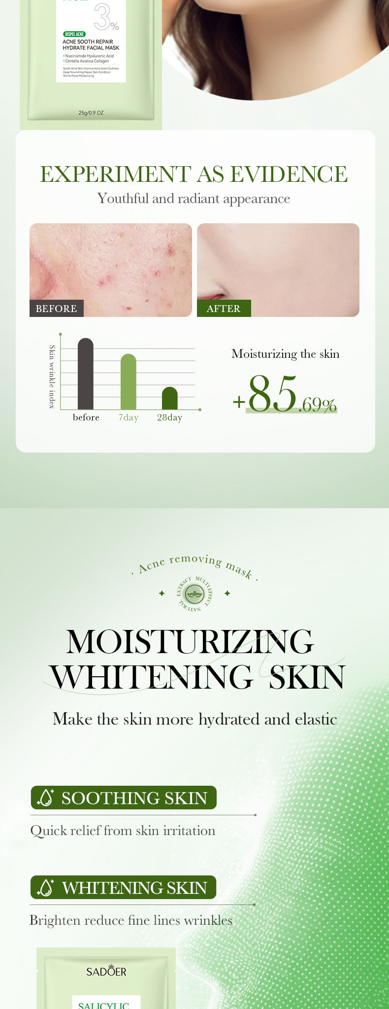 Full English Salicylic Acid Mask SADOER Anti-acne Soothing Skin Rejuvenation Hydrating Anti-acne Mask  Wholesale