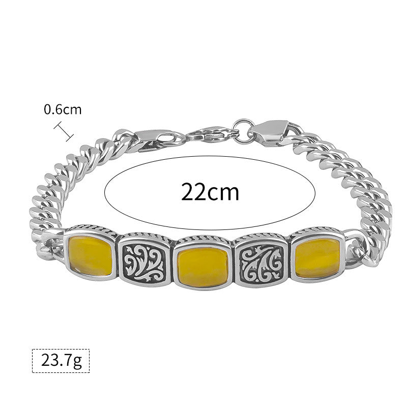 New Ethnic Style Stainless Steel Orange Gemstone Bracelet Vintage Versatile Unisex Titanium Steel Jewelry