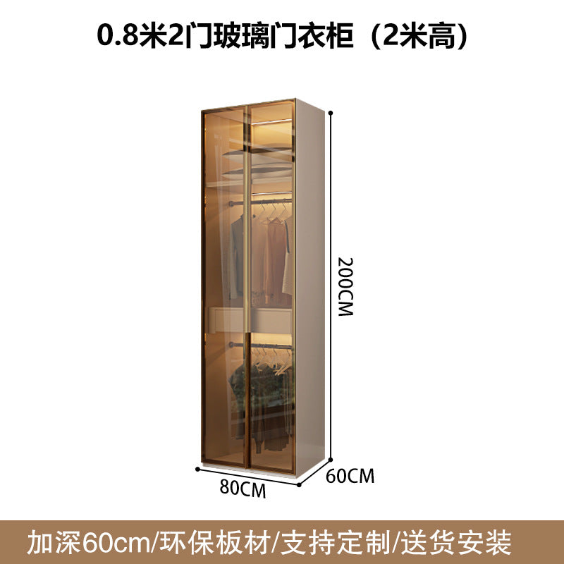 Glass Door Wardrobe with Lights, Solid Wood, Home Bedroom, Modern Simple European Pine Board, Cream Color, Skin Feel Storage, Large Wardrobe