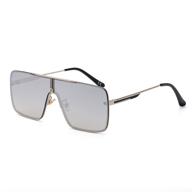 New Large Frame Sunglasses for Men Metal Frame One-piece Fashion Internet Celebrity Square Frame Glasses Trendy Sun Protection Driving Sunglasses