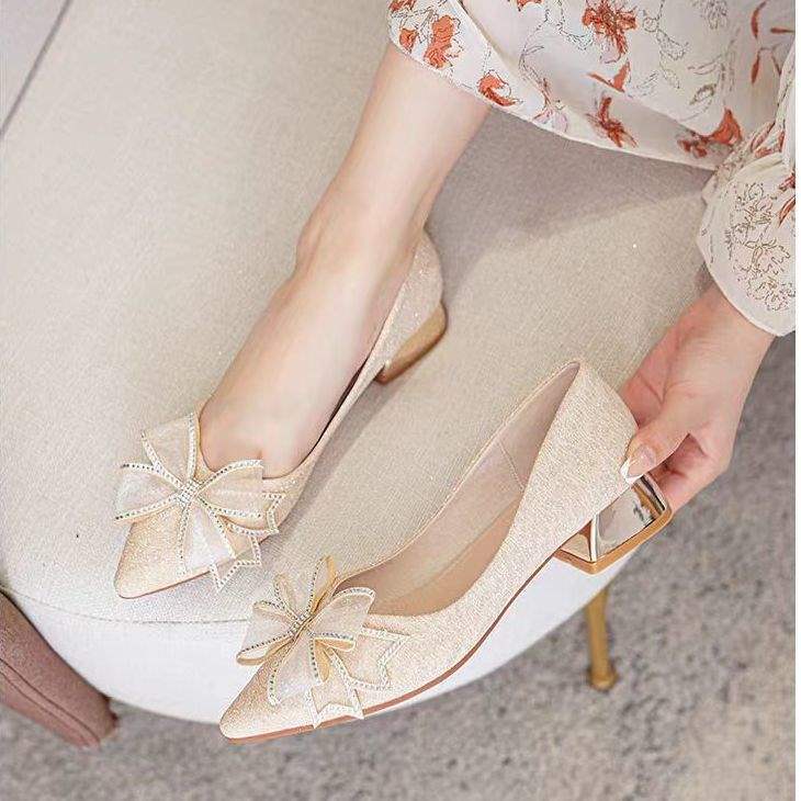 Elegant Chunky Heel Soft Sole Slip-On Fairy Gentle Shoes French Style Chunky Heel Pointed Toe Shallow Mouth Shoes Pair with Dress Versatile