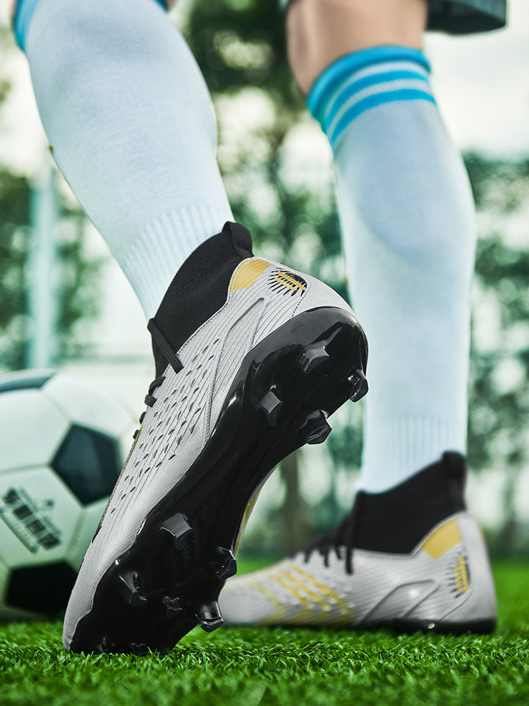 High-top Unisex Youth Soccer Shoes with Broken and Long Spikes for Grass Field Competition Training Student Sports Shoes