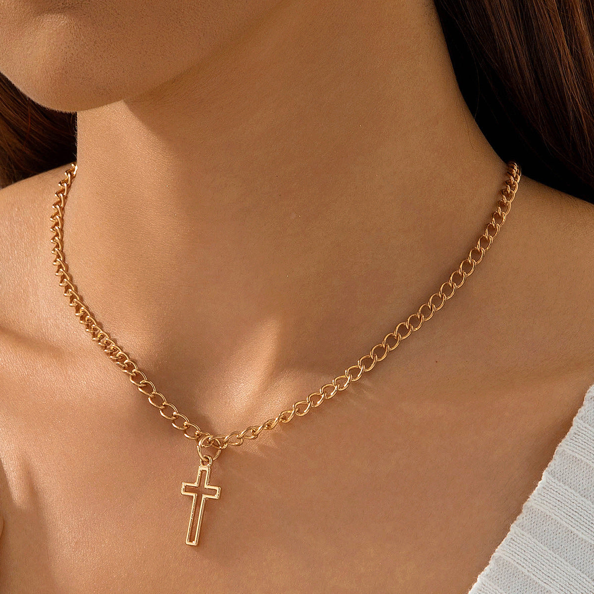 European and American Retro Hollow Diamond Cross Pendant Necklace Gothic Style Black Layered Wear Y Type Necklace
