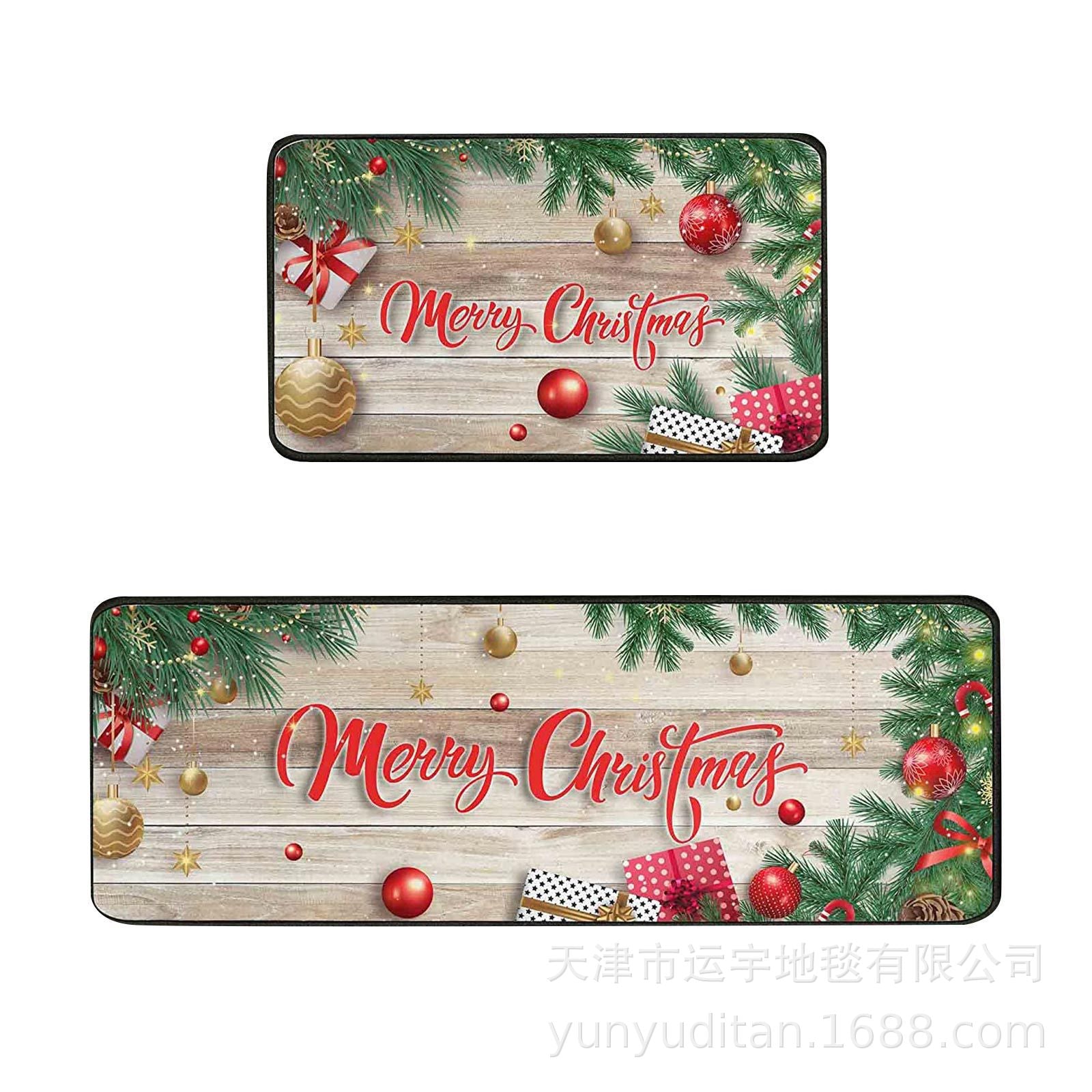 Christmas Kitchen Floor Mat Two-Piece Set Crystal Velvet Water-Absorbent Oil-Absorbent Non-Slip Foot Mat Holiday Decorative Floor Mat