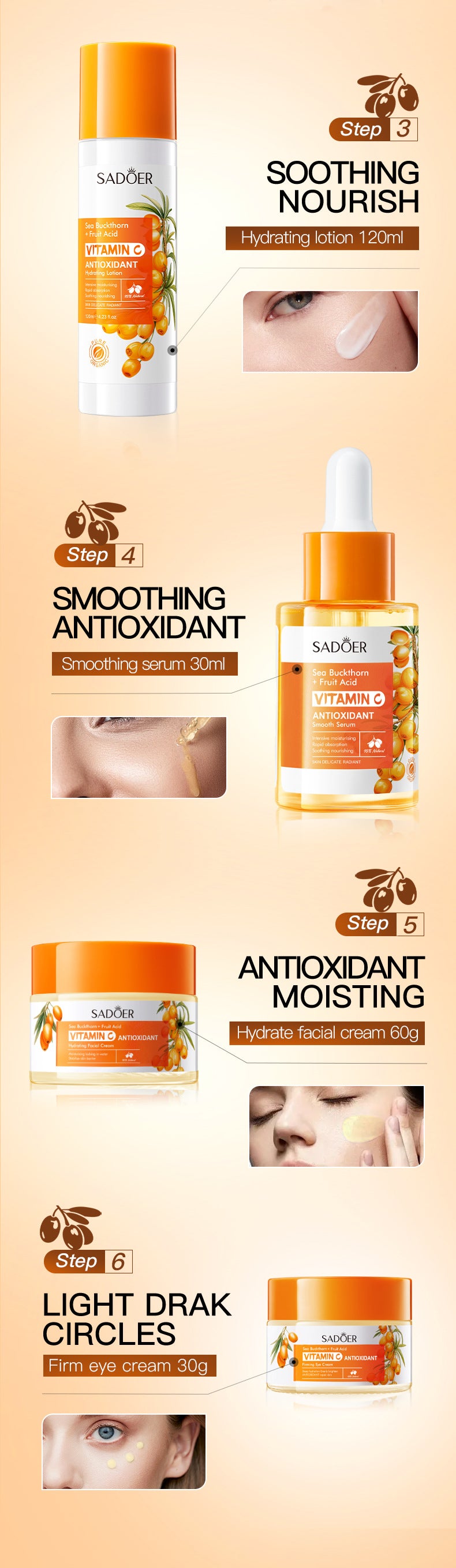 Cross-border Sea Buckthorn Vitamin C Antioxidant six-piece set Hydrating Moisturizing Set Box Wholesale from Foreign Trade Manufacturer