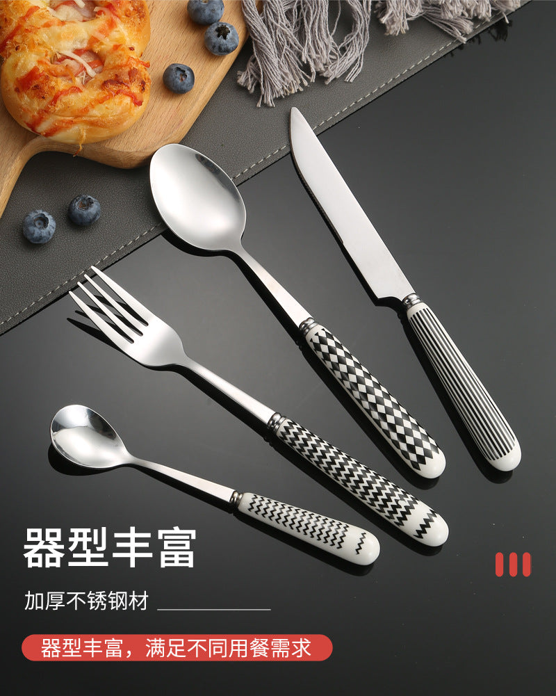 410Stainless Steel Cutlery Restaurant Creative Hepburn Style Ceramic Handle Knife Fork Spoon Tea Spoon Set Western Steak Knife Fork