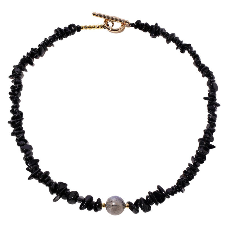 Women's Irregular Stone Necklace with Gold Beads OT Lockbone Chain Necklace with Freeform Loose Beads Natural Stone Black Tourmaline Necklace