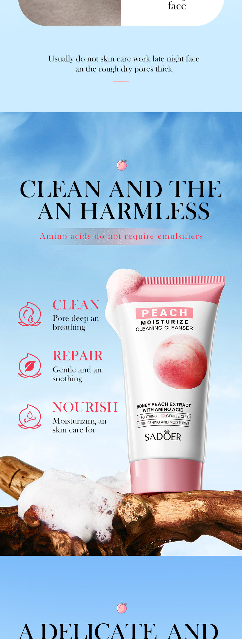 Full English Facial Cleanser150g SADOER Green Tea Cleansing Peach Moisturizing Cleanser  Wholesale