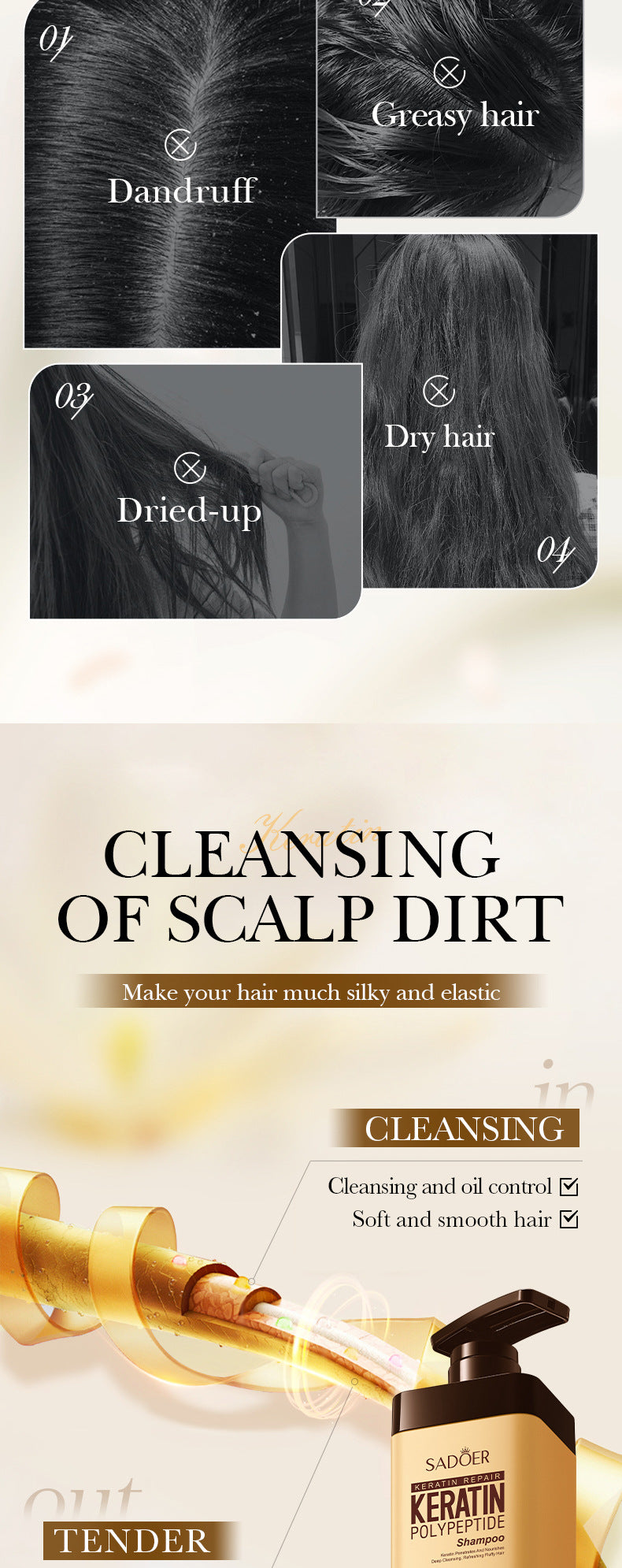 Keratin Peptide Anti-Dandruff Shampoo SADOER Fluffy Cleansing Shampoo Cross-Border Wholesale