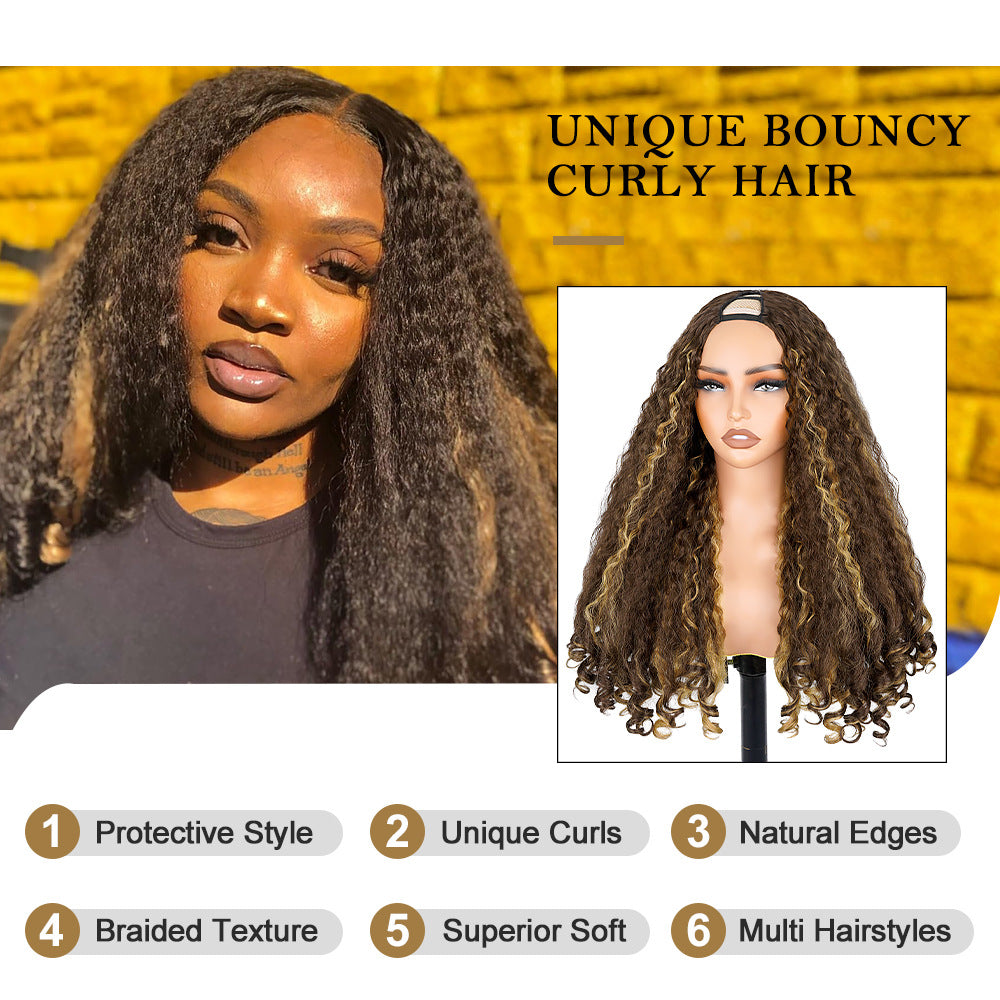 Africa YAKI Curl Synthetic Hair V part Wig Top of Head Hollow Out