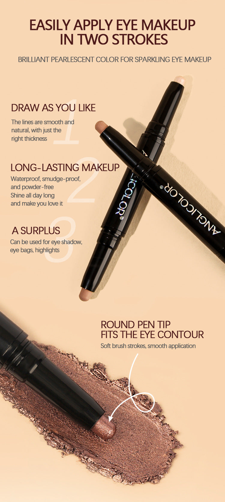 Double-Ended Eyeshadow Stick Long-Lasting Easy to Apply Rotating Fine Shimmer Eyeshadow Pen Highlighter Aegyo-sal Brightening Pen