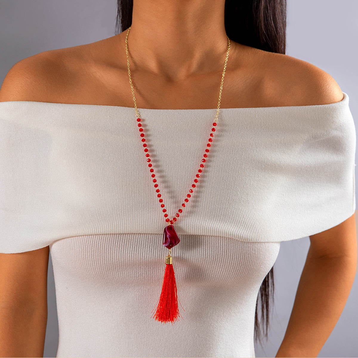 Simple Colorful Beaded Tassel y Chain Necklace Elegant Versatile Diamond-Studded Sweater Chain Jewelry