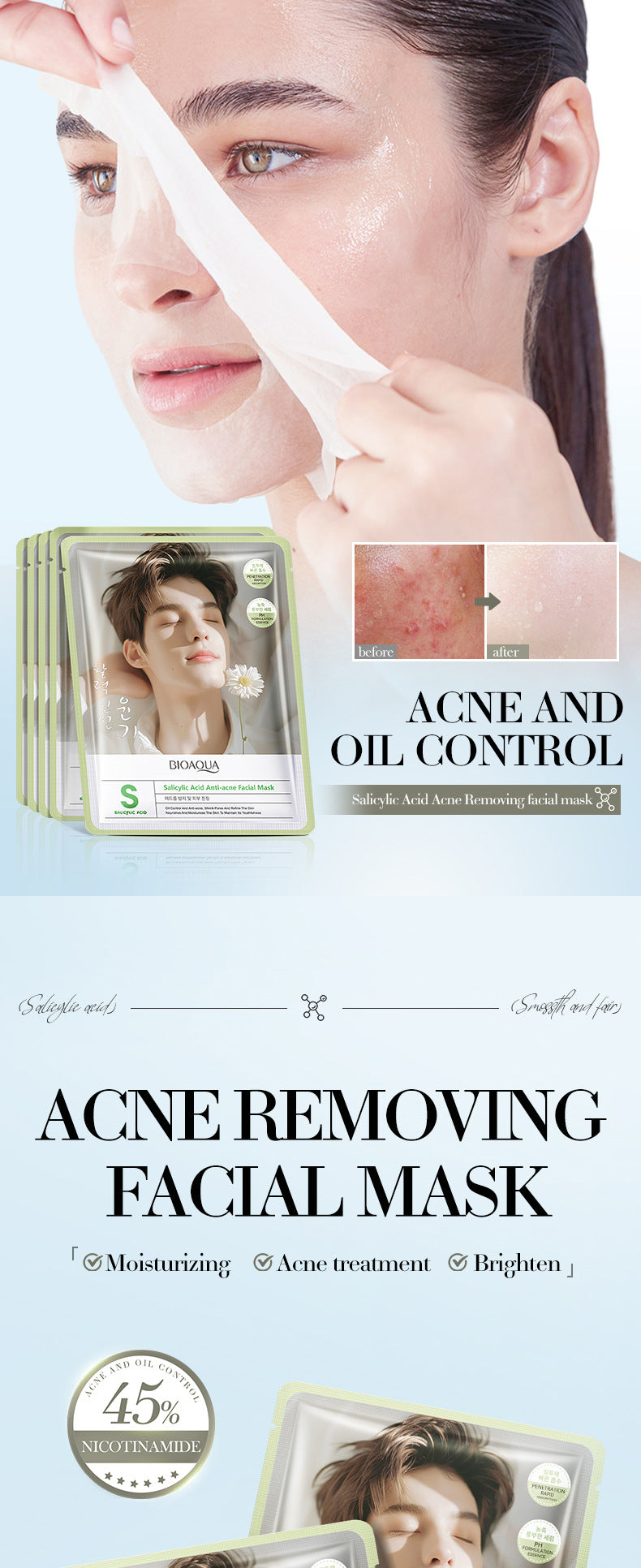 Salicylic Acid Anti-Acne Mask BIOAOUA Nourishing and Hydrating Moisturizing Face Mask Cross-Border Wholesale