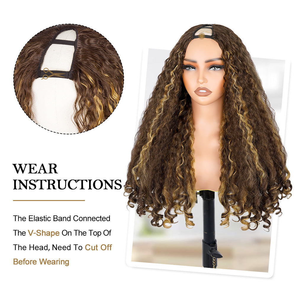 Africa YAKI Curl Synthetic Hair V part Wig Top of Head Hollow Out