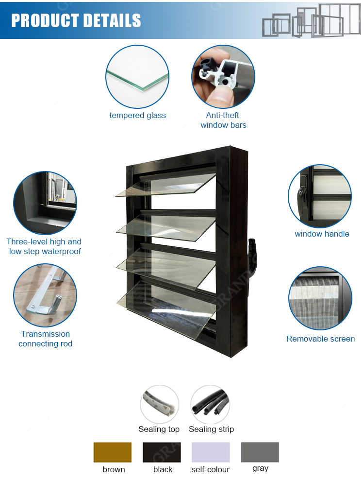 Aluminium Fixed Window With Adjustable Blades Glass Louver Windows for Bathroom